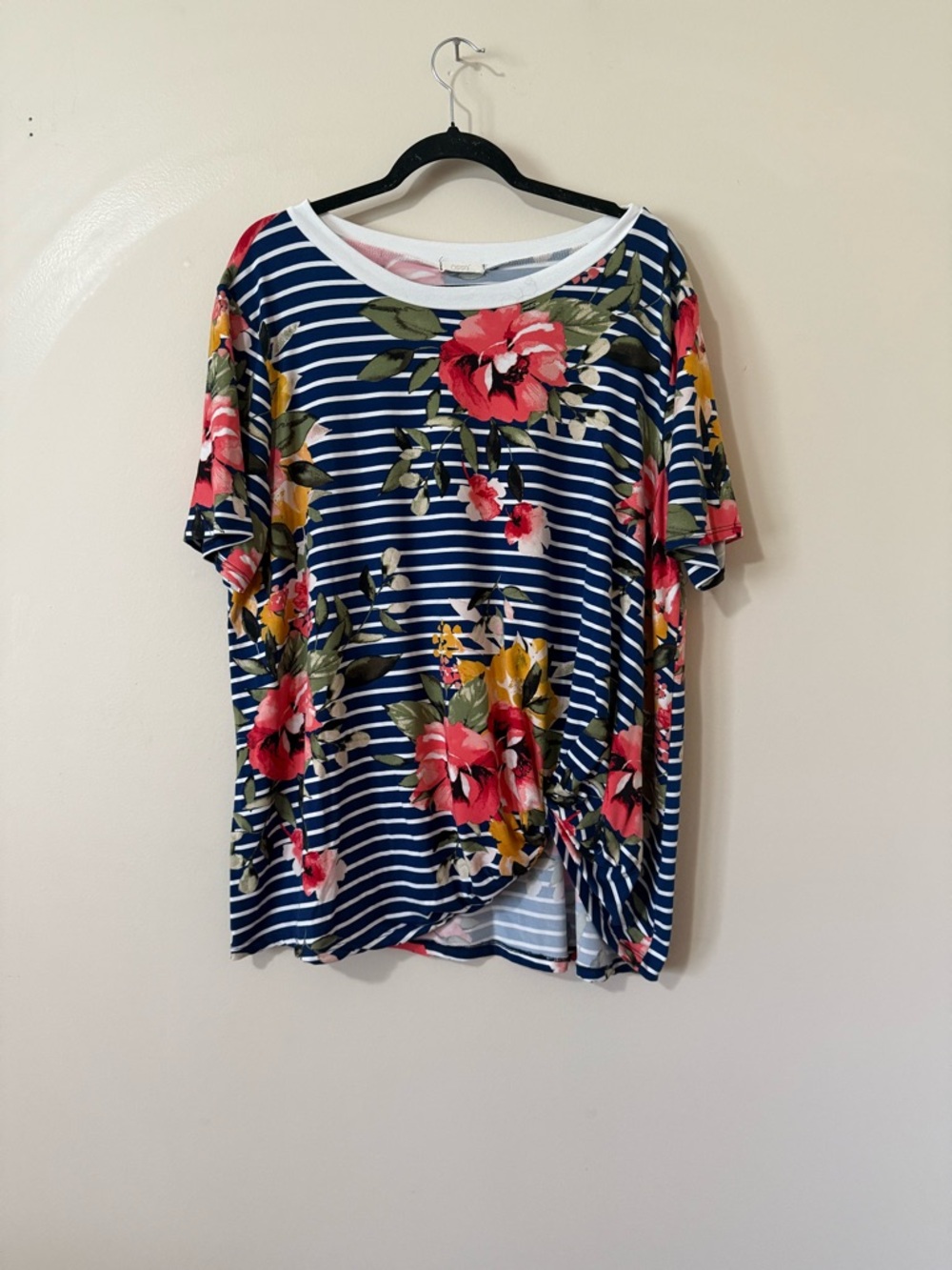 ODDY Navy White Striped Short Sleeve Top with Pink Floral Print. PTP 26.